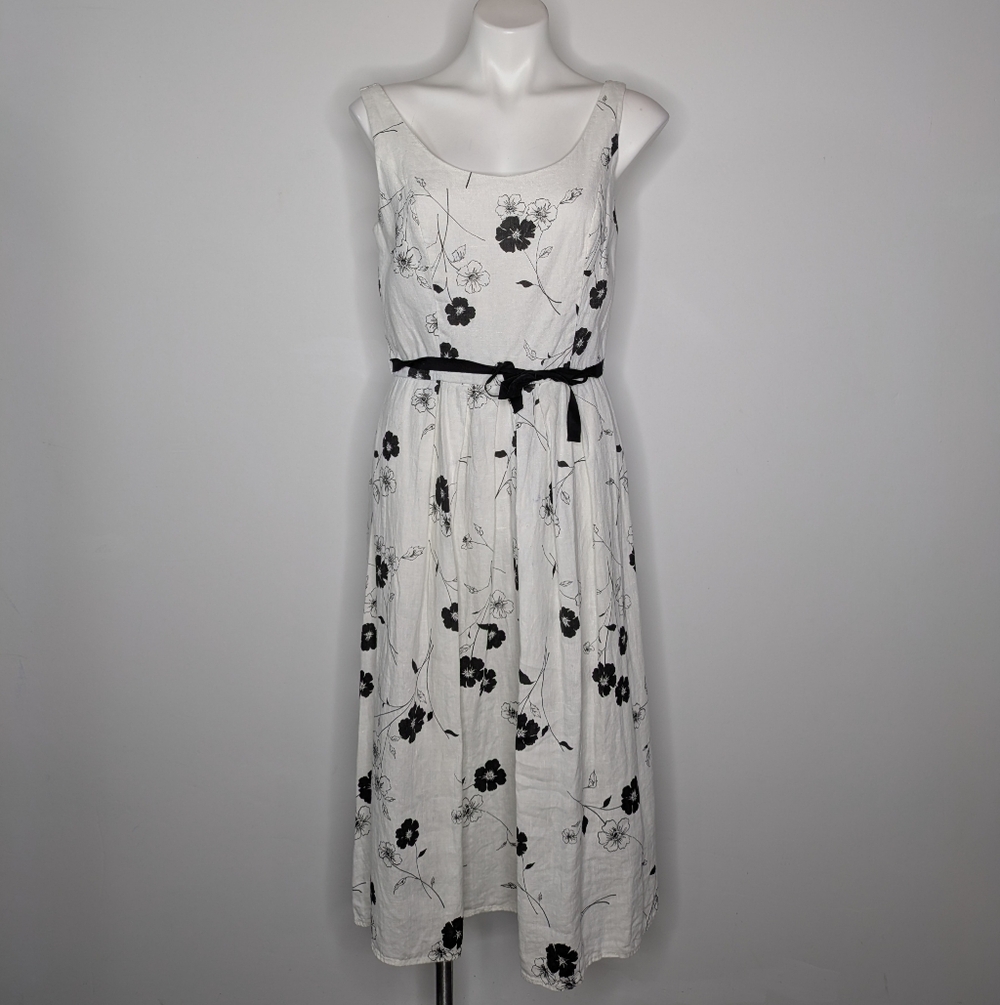 Mario Balthazar White Black Floral Scoop Neck Sleeveless Linen Dress 12